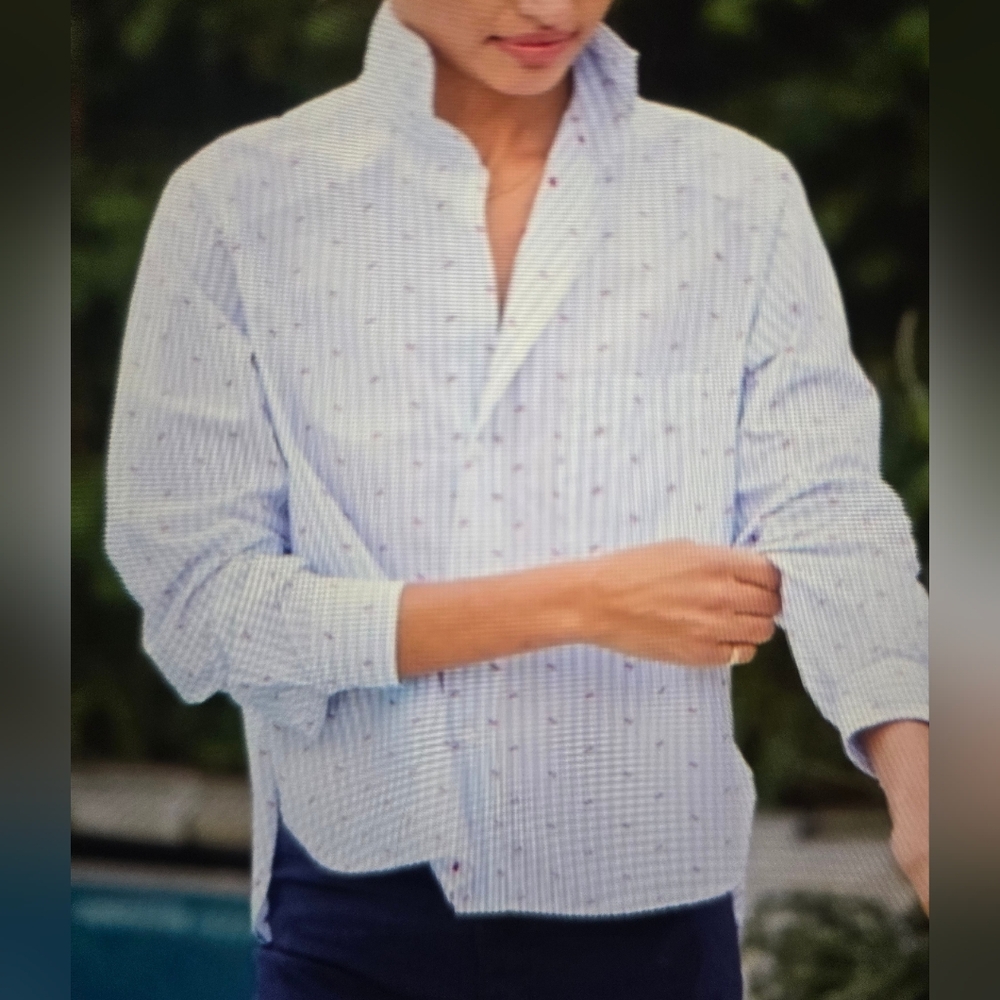 Frank & Eileen Blue Striped Cotton Red Anchor Long Sleeve Top